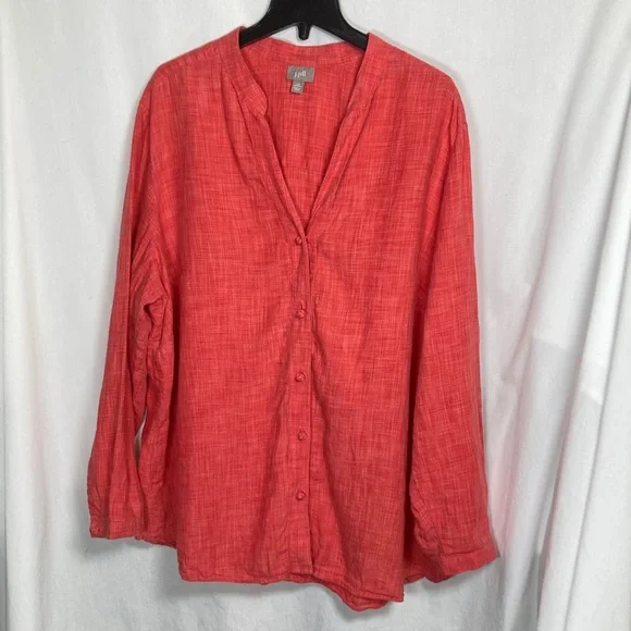 J. Jill 100% Linen Coral Button-Up Top Mandarin Collar Lightweight Knot Button - Picture 1 of 13